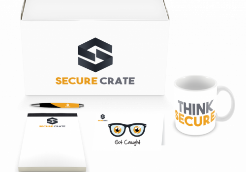 Secure Crate Box containing Secure Crate Pens, Secure Crate Note Pad, Secure Crate Got Caught Cards, and Secure Crate Mug