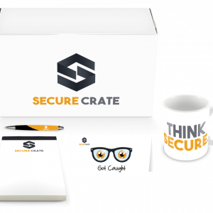 Secure Crate Box containing Secure Crate Pens, Secure Crate Note Pad, Secure Crate Got Caught Cards, and Secure Crate Mug